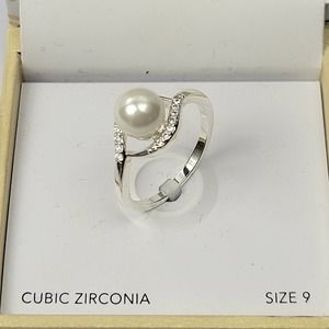 Charter Club Silver-Tone Imitation Pearl & Crystal Swirl Ring Size 9